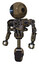 Robot containing round head and vertical cyclops visor and heavy upper chest and no chest plating and unicycle wheel. Desert tan painted. Standing looking right restful pose.