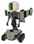 Droid containing old computer monitor and abstract mask pixel face and light chest exoshielding and stellar jet wing rocket pack and no chest plating and six-wheeler base. Green metal.