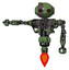 Cyborg containing oval wide head and small red led eyes and green led ornament and heavy upper chest and no chest plating and jet propulsion. Grass green. Arm out holding invisible object..