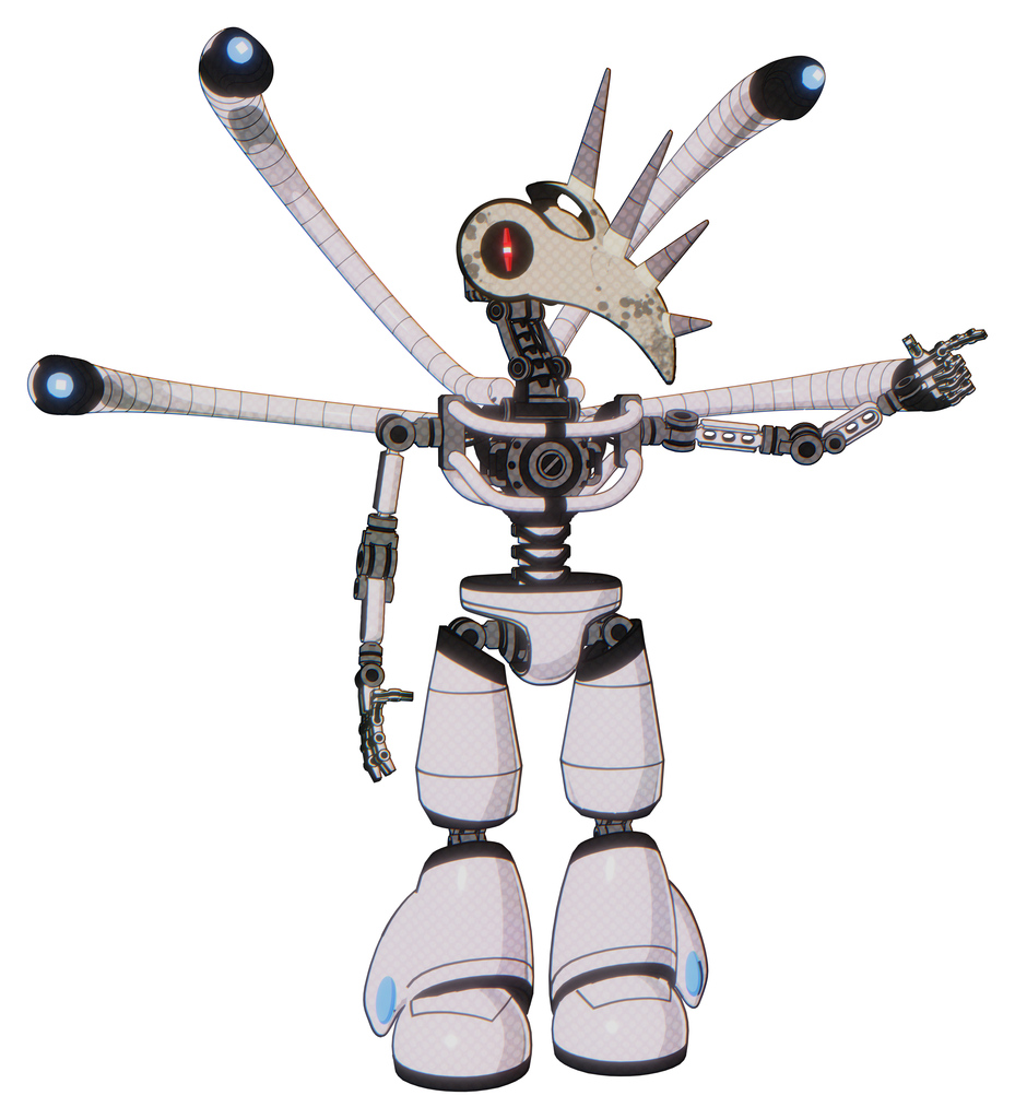 Droid containing bird skull head and red line eyes and light chest exoshielding and blue-eye cam cable tentacles and no chest plating and light leg exoshielding. White halftone toon.