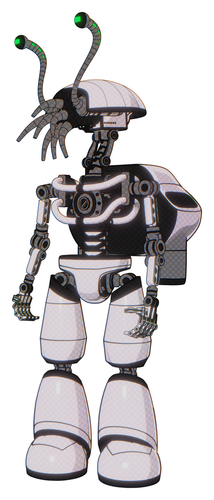 Cyborg containing dual retro camera head and shrimp head and light chest exoshielding and rocket pack and no chest plating and light leg exoshielding. White halftone toon.
