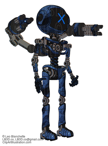 Android Containing Digital Display Head And X Face And Light Chest Exoshielding And Minigun Back Assembly And No Chest Plating And Ultralight Foot Exosuit. Grunge Dark Blue. Facing Left View. #17883