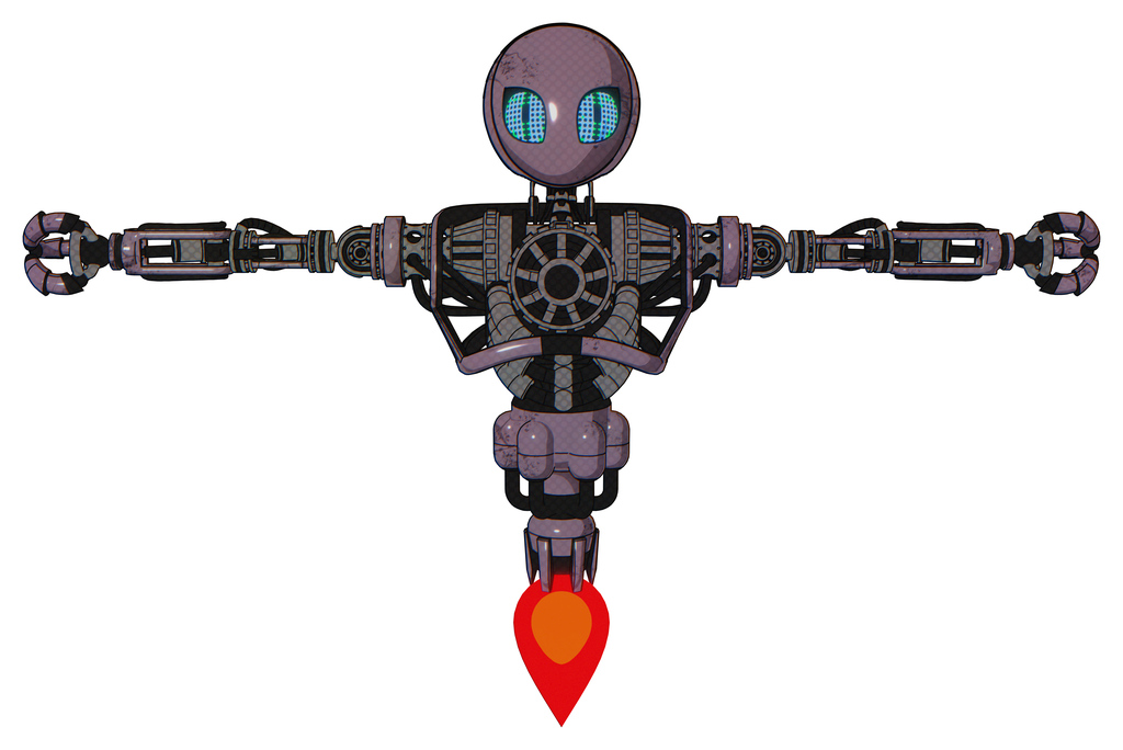 Cyborg containing grey alien style head and blue grate eyes and heavy upper chest and no chest plating and jet propulsion. Lilac metal. T-pose.