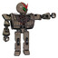 Droid containing grey alien style head and green demon eyes and heavy upper chest and heavy mech chest and barbed wire chest armor cage and prototype exoplate legs. Patent khaki metal.