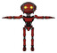 Robot containing oval wide head and yellow eyes and barbed wire cage helmet and light chest exoshielding and ultralight chest exosuit and ultralight foot exosuit. Cherry tomato red. T-pose.