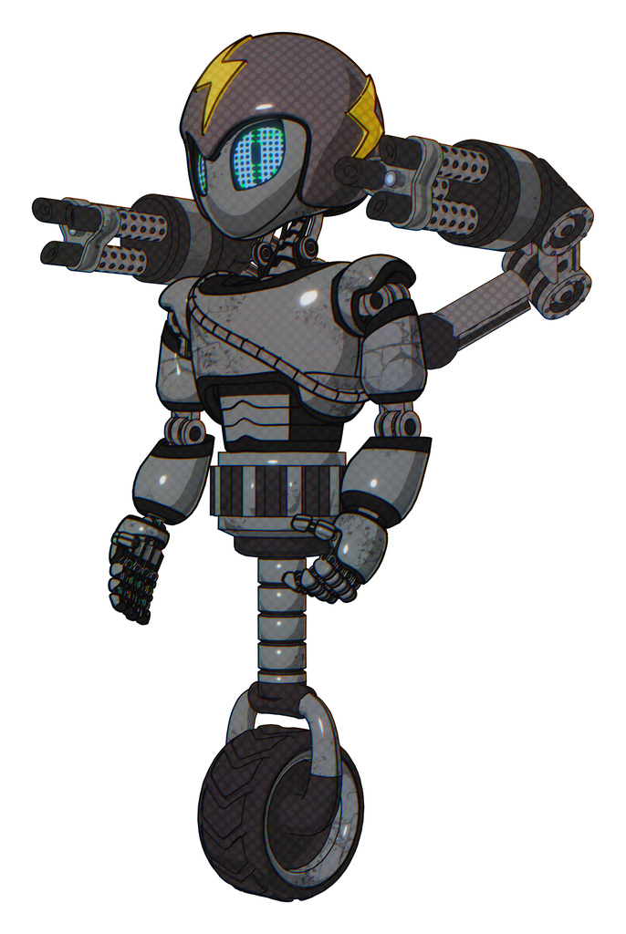 Droid containing grey alien style head and blue grate eyes and lightning bolts and gray helmet and light chest exoshielding and cable sash and minigun back assembly and unicycle wheel.