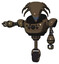 Mech containing flat elongated skull head and heavy upper chest and chest compound eyes and unicycle wheel. Light brown halftone. Arm out holding invisible object..