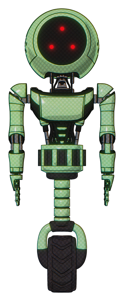 Droid containing three led eyes round head and light chest exoshielding and ultralight chest exosuit and unicycle wheel. Green tint toon. Front view.