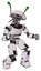 Droid containing dual retro camera head and shrimp head and light chest exoshielding and chest green blue lights array and prototype exoplate legs. White halftone toon. Fight or defense pose..