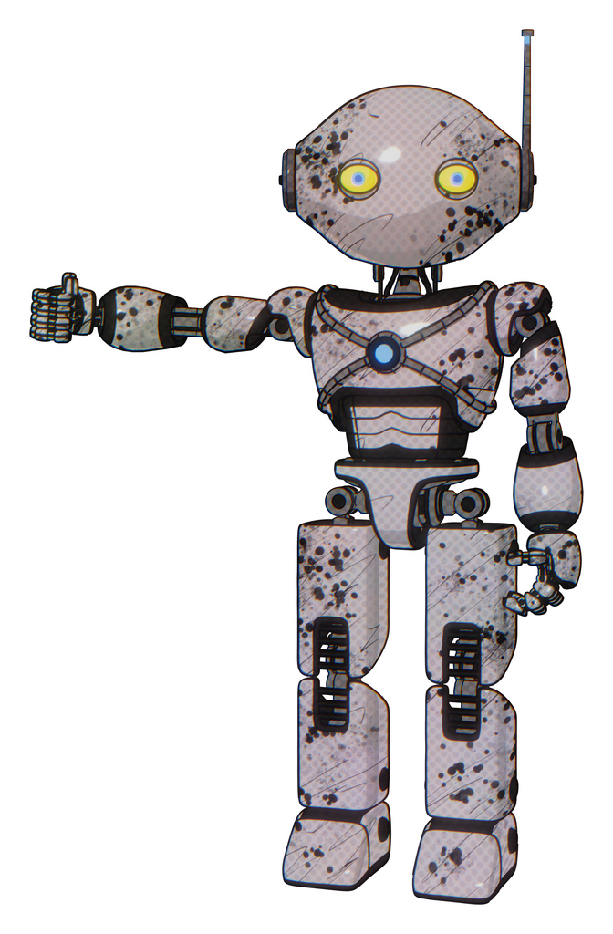 Android containing oval wide head and yellow eyes and retro antenna with light and light chest exoshielding and blue energy core and prototype exoplate legs. Grunge sketch dots.