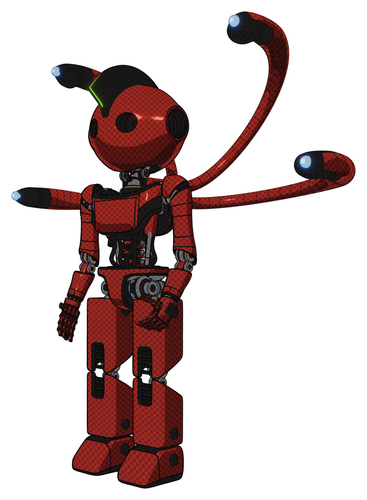 Cyborg containing oval wide head and techno mohawk and light chest exoshielding and ultralight chest exosuit and blue-eye cam cable tentacles and prototype exoplate legs. Cherry tomato red.