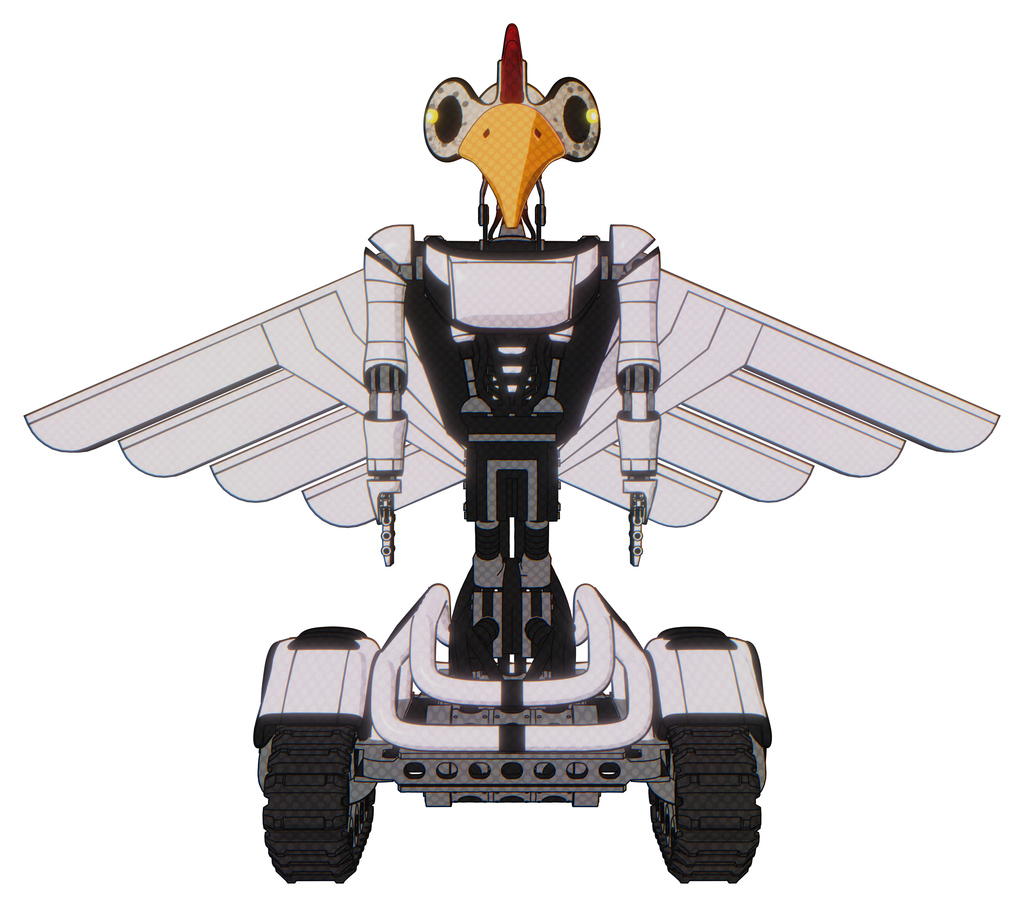 Automaton containing bird skull head and yellow led protruding eyes and chicken design and light chest exoshielding and ultralight chest exosuit and pilot's wings assembly and tank tracks.