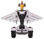 Automaton containing bird skull head and yellow led protruding eyes and chicken design and light chest exoshielding and ultralight chest exosuit and pilot's wings assembly and tank tracks.