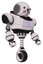 Bot containing round head and heavy upper chest and circle of blue leds and unicycle wheel and cat face. White halftone toon. Facing left view.