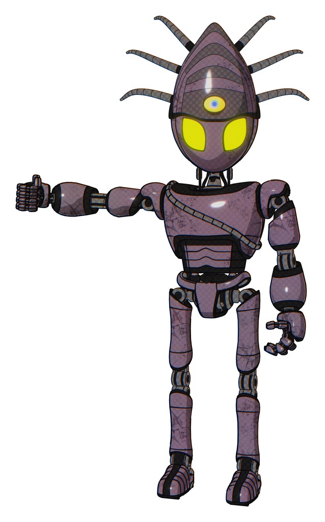 Automaton containing grey alien style head and yellow eyes and eyeball creature crown and light chest exoshielding and cable sash and ultralight foot exosuit. Lilac metal.