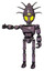 Automaton containing grey alien style head and yellow eyes and eyeball creature crown and light chest exoshielding and cable sash and ultralight foot exosuit. Lilac metal.