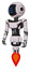 Cyborg containing digital display head and three horizontal line design and light chest exoshielding and ultralight chest exosuit and jet propulsion. White halftone toon.