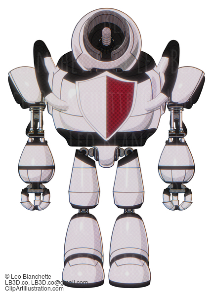 Android Containing Cable Connector Head And Heavy Upper Chest And Red Shield Defense Design And Light Leg Exoshielding. White Halftone Toon. Front View. #17930