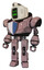Automaton containing old computer monitor and angry pixels face and retro-futuristic webcam and heavy upper chest and blue shield defense design and prototype exoplate legs. Powder pink metal.