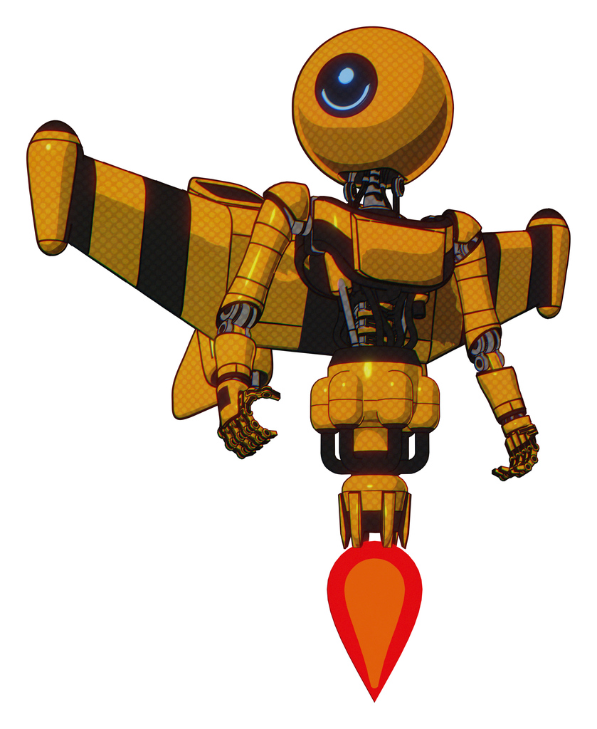 Mech containing dual retro camera head and round happy cyclops head and light chest exoshielding and ultralight chest exosuit and stellar jet wing rocket pack and jet propulsion.