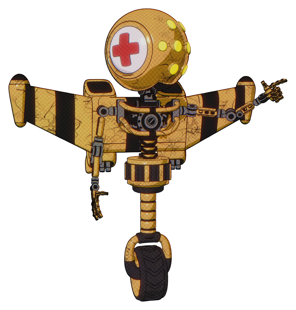 Robot containing round head and yellow eyes array and first aid emblem and light chest exoshielding and stellar jet wing rocket pack and no chest plating and unicycle wheel.