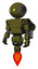 Robot containing oval wide head and yellow eyes and steampunk iron bands with bolts and light chest exoshielding and prototype exoplate chest and rocket pack and jet propulsion. Army green halftone.