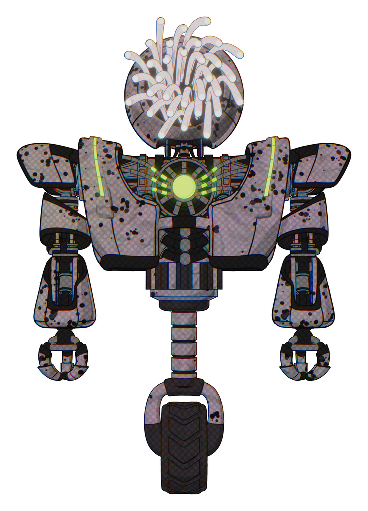 Mech containing round fiber optic connectors head and heavy upper chest and heavy mech chest and green energy core and unicycle wheel. Dark ink dots sketch. Front view.