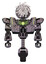 Mech containing round fiber optic connectors head and heavy upper chest and heavy mech chest and green energy core and unicycle wheel. Dark ink dots sketch. Front view.