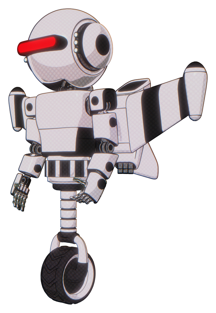 Android containing round head and horizontal red visor and head light gadgets and light chest exoshielding and prototype exoplate chest and stellar jet wing rocket pack and unicycle wheel.