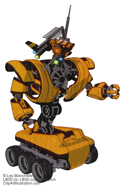 Android Containing Dual Retro Camera Head And Communications Array Head And Heavy Upper Chest And Heavy Mech Chest And Six-Wheeler Base. Primary Yellow Halftone. Fight Or Defense Pose.. #17952