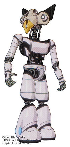 Android Containing Bird Skull Head And White Eyeballs And Robobeak Design And Light Chest Exoshielding And Ultralight Chest Exosuit And Light Leg Exoshielding. White Halftone Toon. Hero Pose. #17954