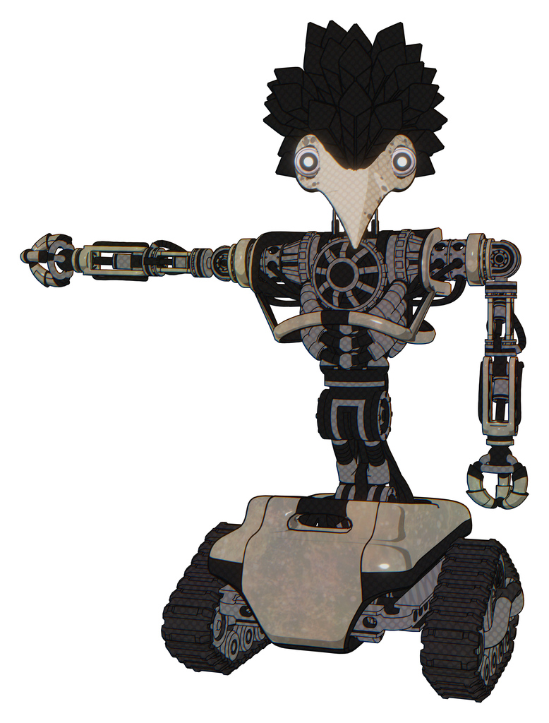 Cyborg containing bird skull head and white eyeballs and crow feather design and heavy upper chest and no chest plating and tank tracks. Grungy fiberglass. Arm out holding invisible object..