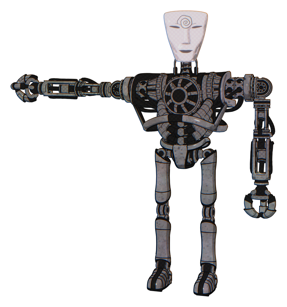 Mech containing humanoid face mask and spiral design and heavy upper chest and no chest plating and ultralight foot exosuit. Unpainted metal. Arm out holding invisible object..
