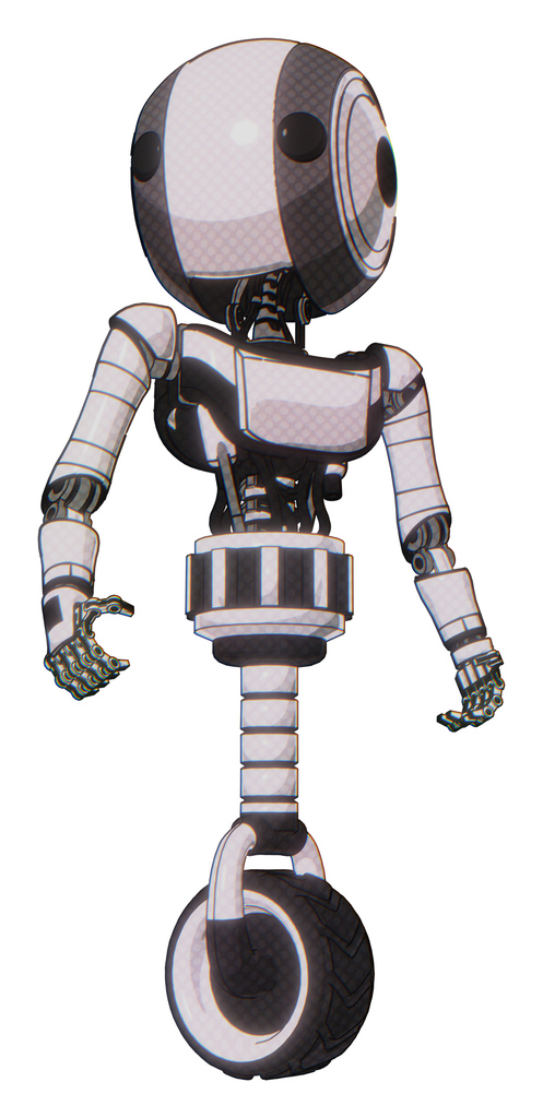 Cyborg containing round head and maru eyes and light chest exoshielding and ultralight chest exosuit and unicycle wheel. White halftone toon. Hero pose.