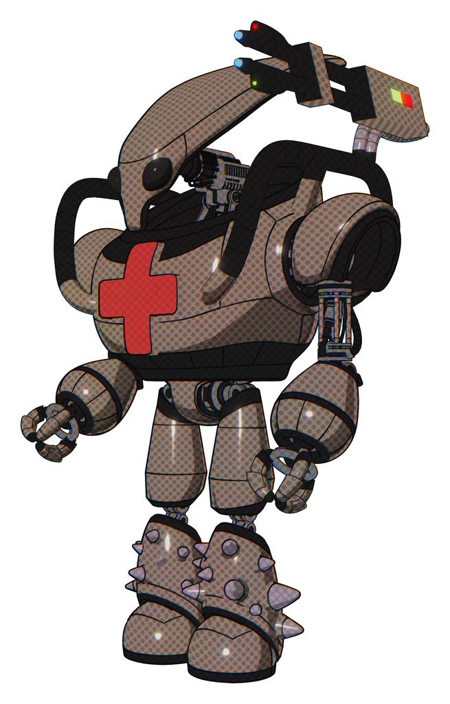 Mech containing flat elongated skull head and heavy upper chest and first aid chest symbol and light leg exoshielding and spike foot mod. Khaki halftone. Facing right view.