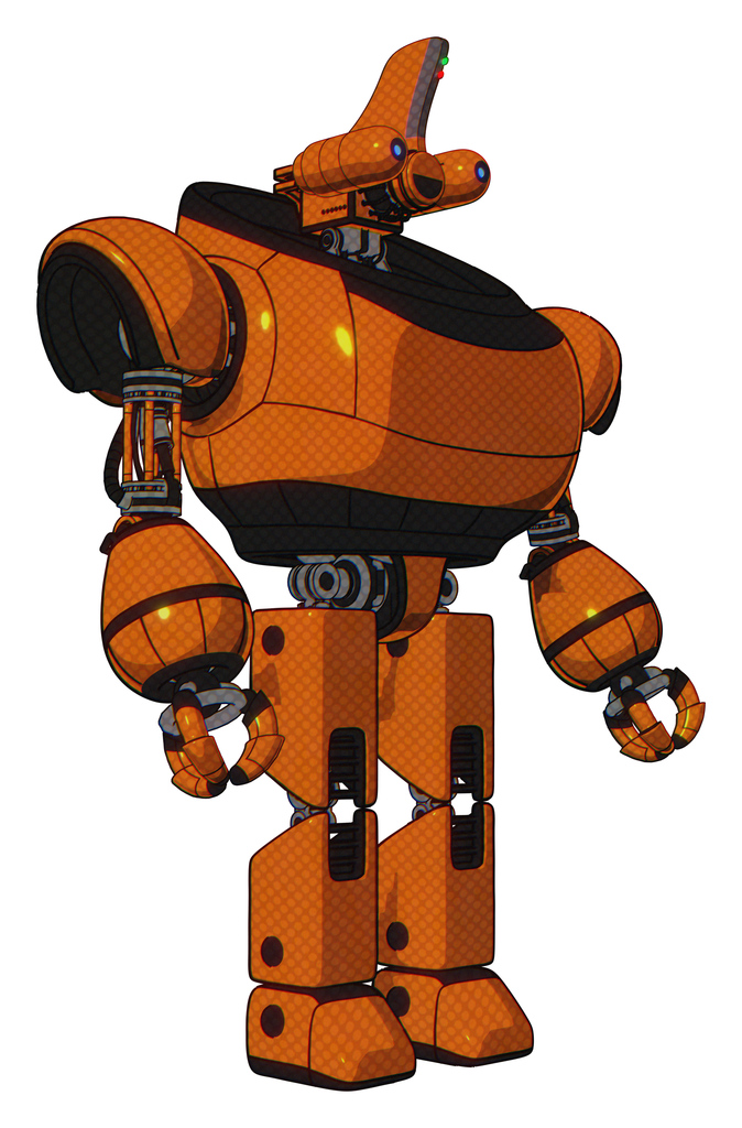Automaton containing dual retro camera head and reversed fin head and heavy upper chest and prototype exoplate legs. Secondary orange halftone. Facing left view.