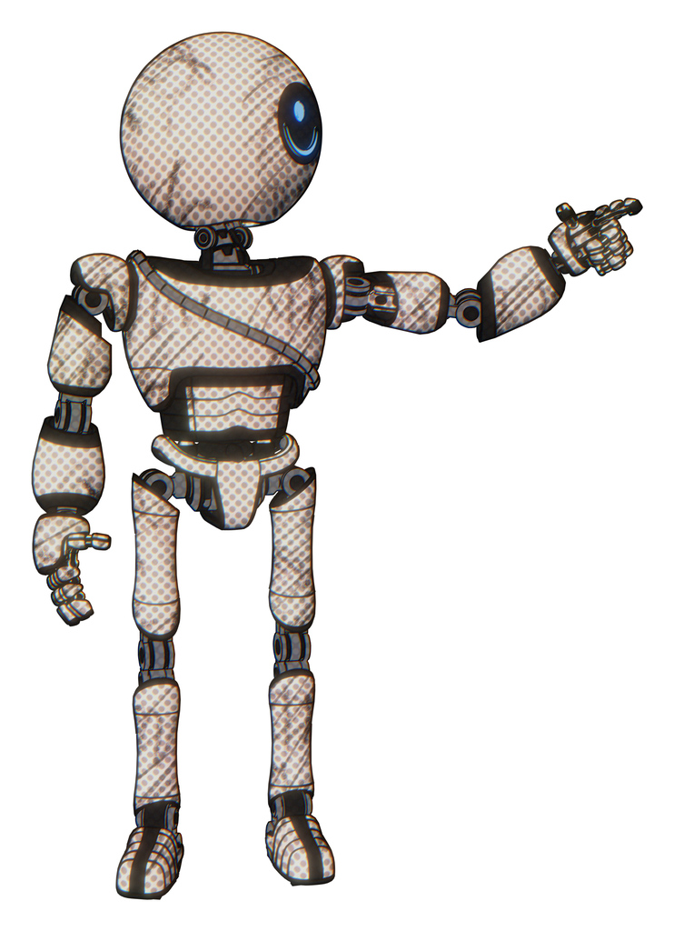 Cyborg containing dual retro camera head and round happy cyclops head and light chest exoshielding and cable sash and ultralight foot exosuit. Halftone sketch. Pointing left or pushing a button..