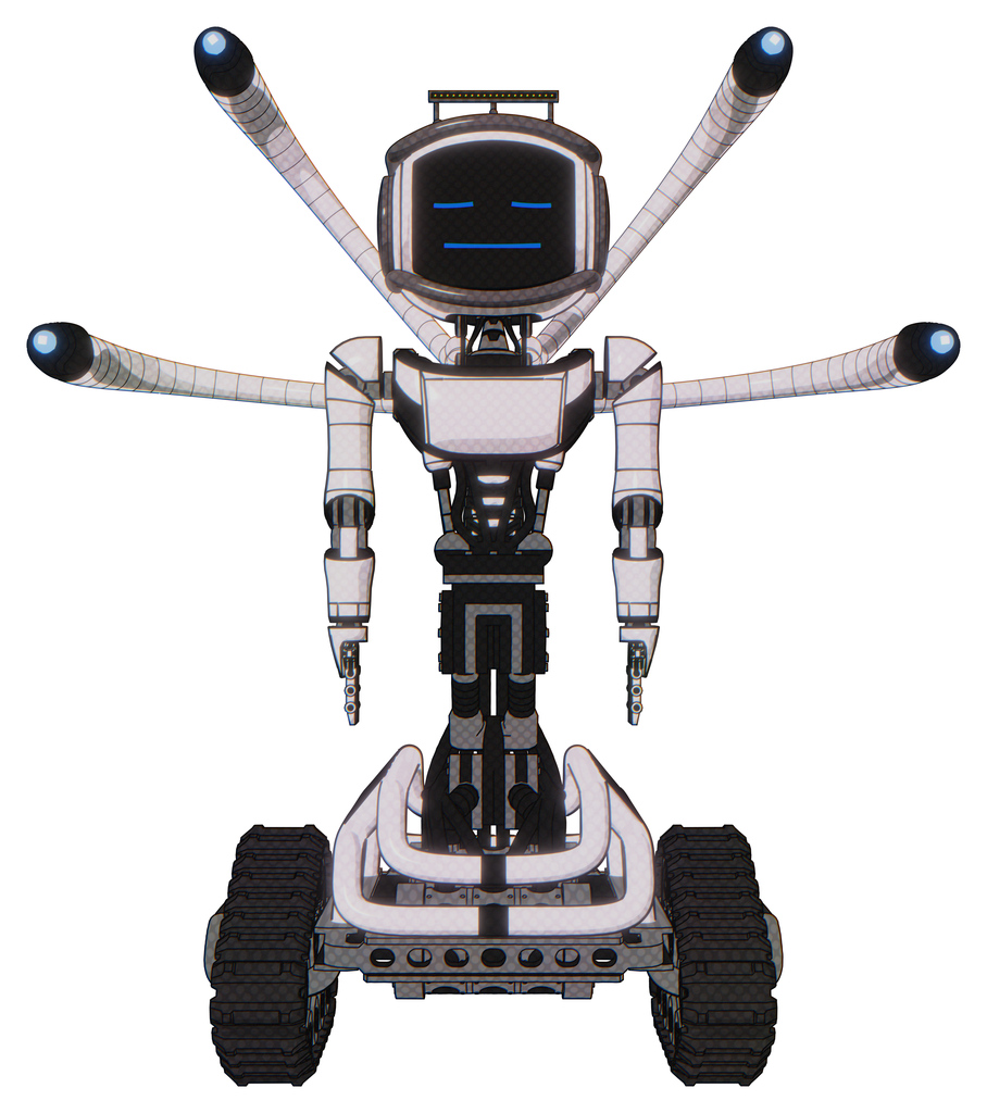 Automaton containing digital display head and sleeping face and led and protection bars and light chest exoshielding and ultralight chest exosuit and blue-eye cam cable tentacles and tank tracks.