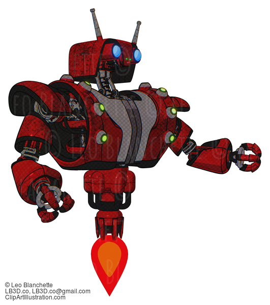 Android Containing Dual Retro Camera Head And Cyborg Antenna Head And Heavy Upper Chest And Heavy Mech Chest And Green Cable Sockets Array And Jet Propulsion. Red Blood Grunge Material. Interacting. #17972