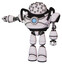 Robot containing metal cubes dome head design and heavy upper chest and chest blue energy core and light leg exoshielding. White halftone toon. Arm out holding invisible object..