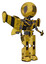 Robot containing round head and three lens sentinel visor and light chest exoshielding and stellar jet wing rocket pack and no chest plating and prototype exoplate legs. Construction yellow halftone.