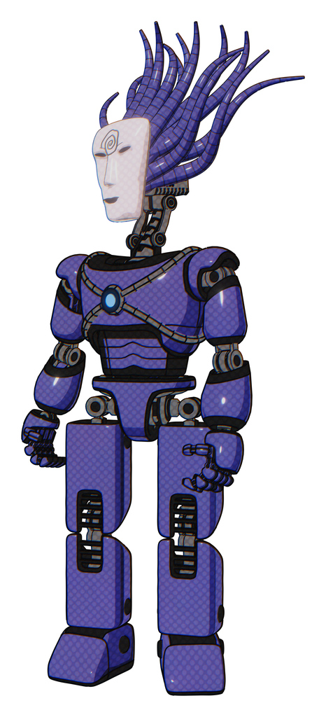Android containing humanoid face mask and spiral design and light chest exoshielding and blue energy core and prototype exoplate legs. Primary blue halftone. Standing looking right restful pose.