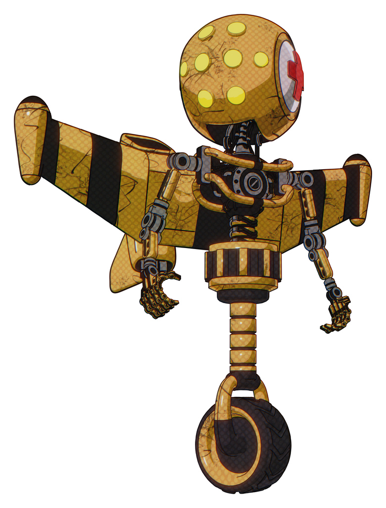 Robot containing round head and yellow eyes array and first aid emblem and light chest exoshielding and stellar jet wing rocket pack and no chest plating and unicycle wheel.