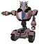 Mech containing bird skull head and yellow led protruding eyes and head shield design and heavy upper chest and blue shield defense design and tank tracks. Grayish pink.