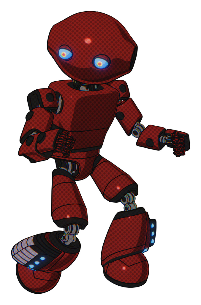 Mech containing oval wide head and blue eyes and light chest exoshielding and prototype exoplate chest and light leg exoshielding and megneto-hovers foot mod. Matted red. Fight or defense pose..