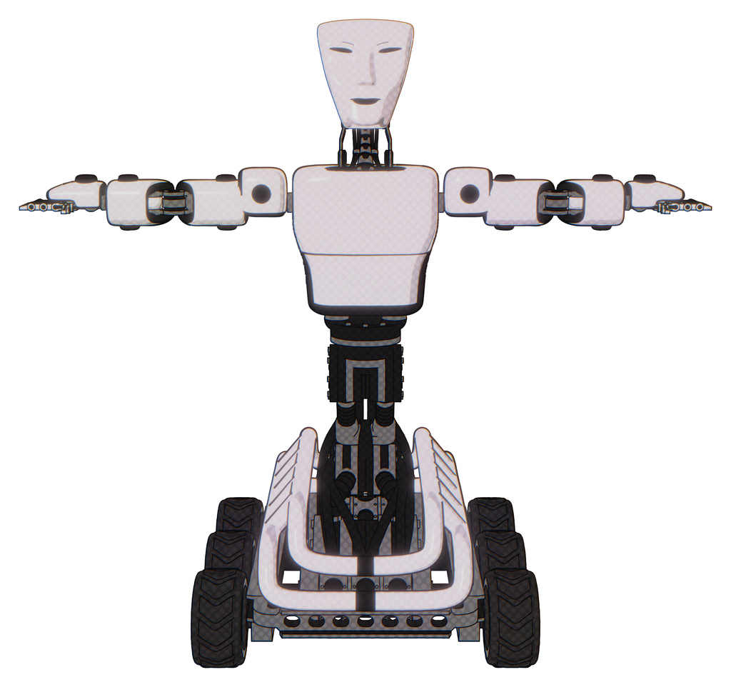 Android containing humanoid face mask and light chest exoshielding and prototype exoplate chest and six-wheeler base. White halftone toon. T-pose.