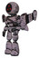 Robot containing three led eyes round head and light chest exoshielding and rubber chain sash and stellar jet wing rocket pack and light leg exoshielding. Dark ink dots sketch. Facing right view.