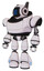 Bot containing digital display head and three vertical line design and winglets and heavy upper chest and light leg exoshielding. White halftone toon. Standing looking right restful pose.