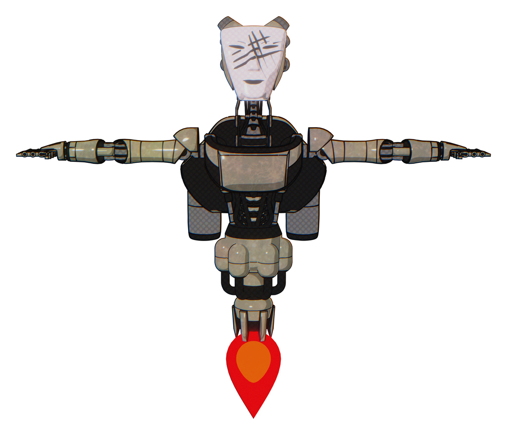 Mech containing humanoid face mask and slashes war paint and light chest exoshielding and ultralight chest exosuit and rocket pack and jet propulsion. Grungy fiberglass. T-pose.