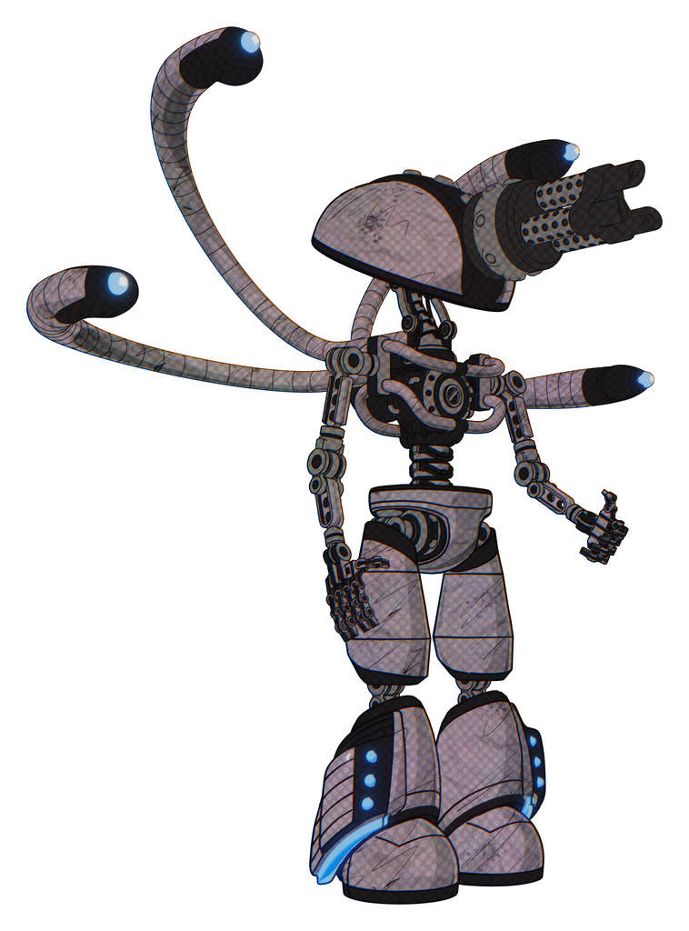 Robot containing gatling gun face design and light chest exoshielding and blue-eye cam cable tentacles and no chest plating and light leg exoshielding and megneto-hovers foot mod. Sketch fast lines.